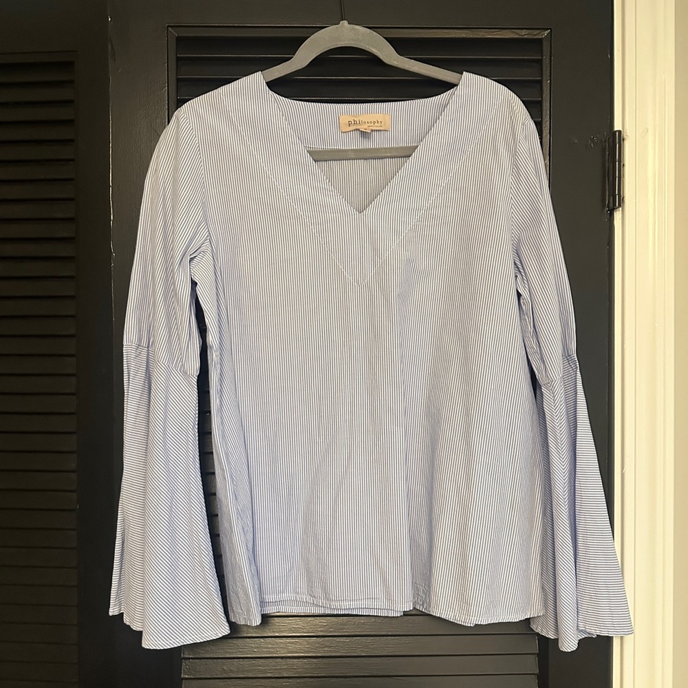 Philosophy Republic Blue Wide Bell Sleeve V Neck Pinstripe Tunic Top